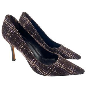 Manolo Blahnik BB Tweed Whipstitch Pumps Pointed Toe Purple Brown 37.5 / 7.5